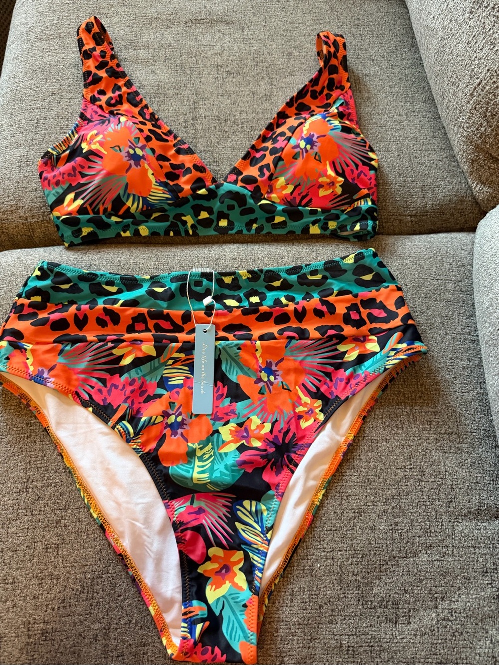 NWTs CupShe Tropical Floral & Leopard High Waist Bikini Set - Bright Multicolor